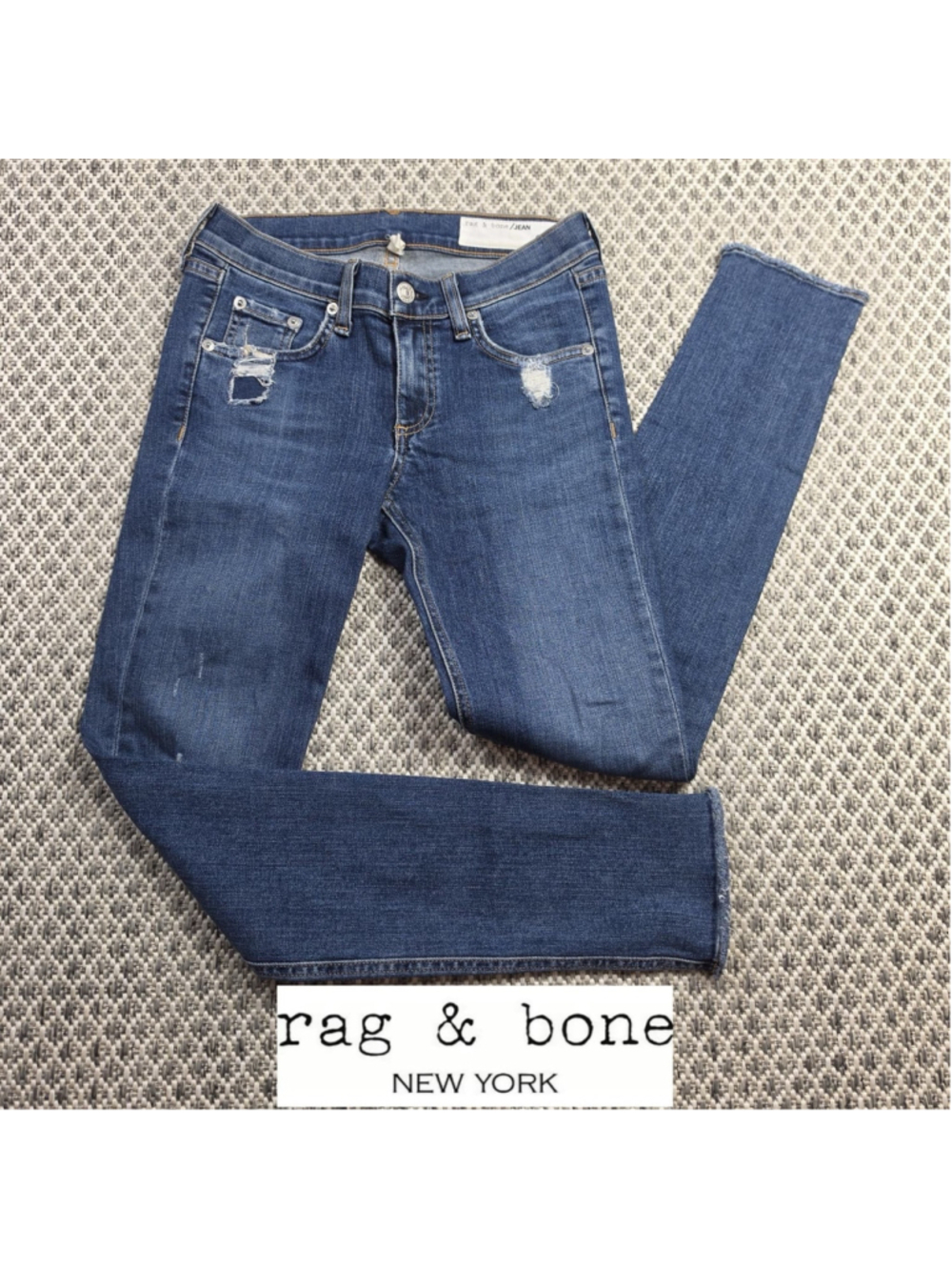 Rag & Bone JEAN Skinny Jeans Women’s 25 Blue Distressed Raw Hem Stretch Denim